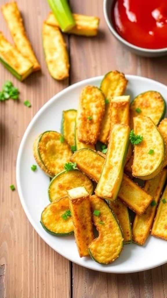 Crispy air fryer zucchini fries served with marinara sauce on a rustic table.